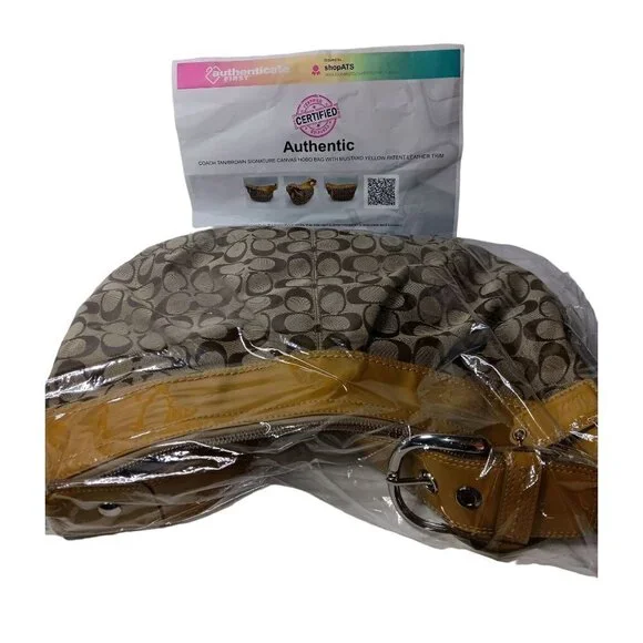 Coach Tan/Brown Signature Canvas Hobo Bag With Mustard Yellow Patent Leather Tri - Picture 4 of 13